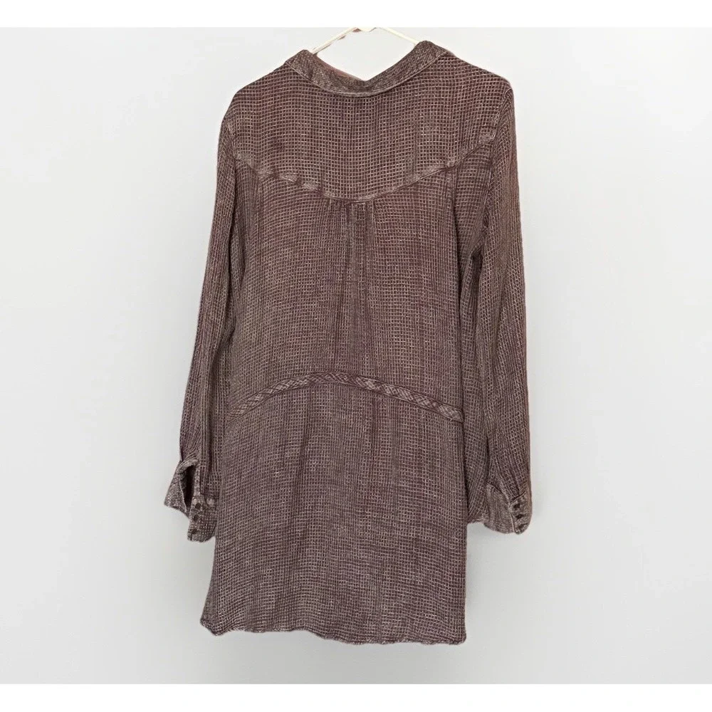 Free People Waffle Knit Thermal Button Raw Hem‎ Boho Oversized Shirt M Slouchy